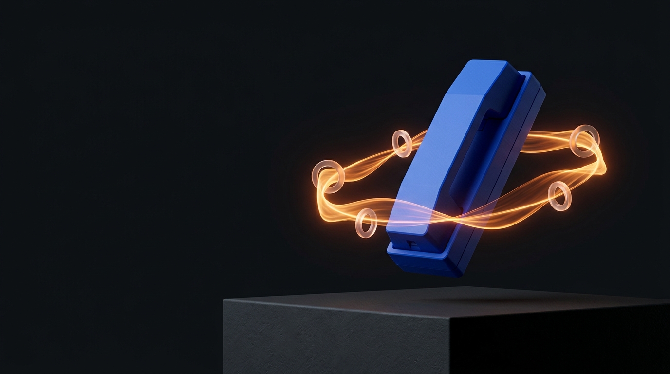 3D blue voice-agent device with an amber call waveform